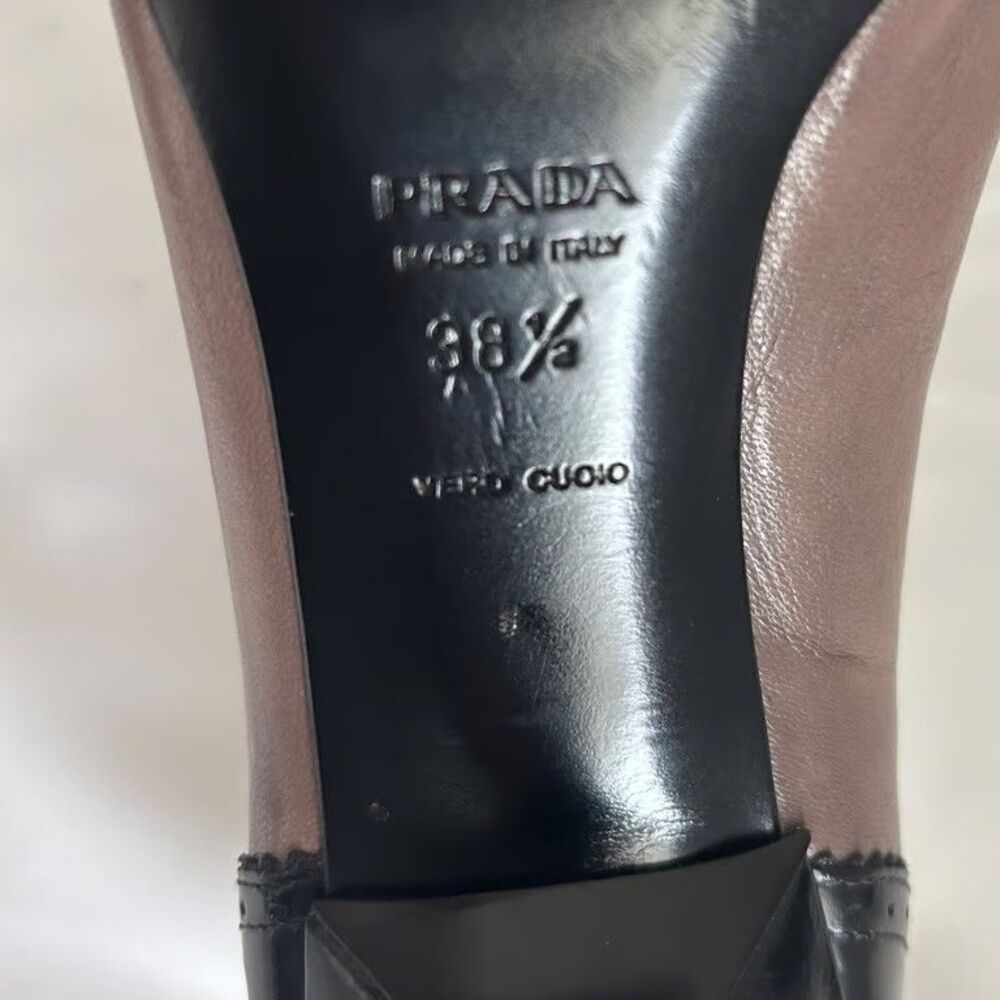 Prada Wingtip Brogue Pumps Heels Black Taupe Leather Pointed Toe Womens 38.5 - Picture 10 of 11
